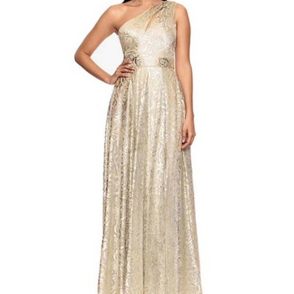 Betsy & Adam Champagne Gold Metallic Floral One-Shoulder Gown
